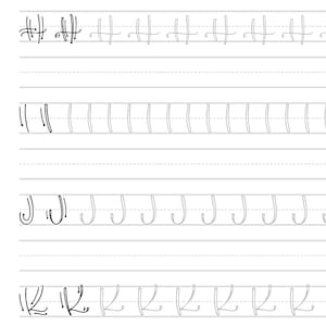 May include: A handwriting practice worksheet with lines for writing the letters H, I, J, and K. The letters are shown at the top of each line, with examples of how to write them.