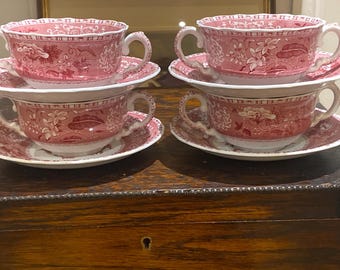 Set of 4 Two handled Antique Spode’s Camilla Pink Consommé Bowls & Saucers – Copeland, Late Victorian/Edwardian