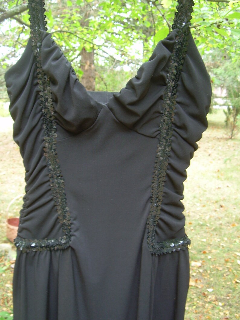 SALE Around knee length Sz Small Bust 34 BLACK stretch sequin trimmed 70s-early 80s Cocktail Evening DRESS gathered along sides