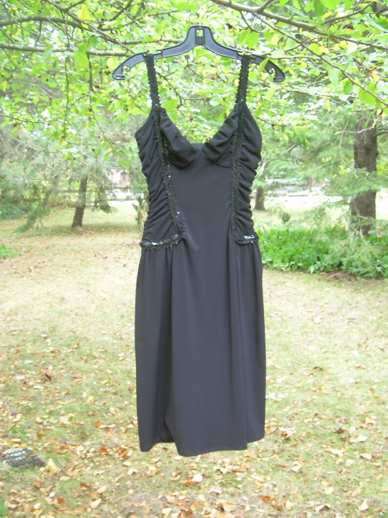 SALE Around knee length Sz Small Bust 34 BLACK stretch sequin trimmed 70s-early 80s Cocktail Evening DRESS gathered along sides