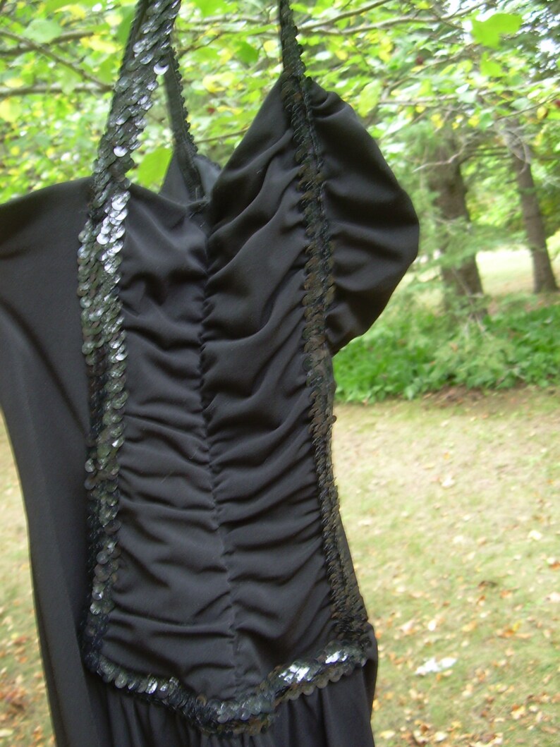 SALE Around knee length Sz Small Bust 34 BLACK stretch sequin trimmed 70s-early 80s Cocktail Evening DRESS gathered along sides
