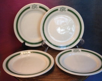 C. P. R. GREEN BAND Dining Car 8" PLATES Set of 4. Good condition with no chips or cracks. Medium use. Interscroll design. Rare, late 1940's