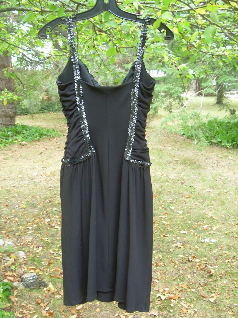SALE Around knee length Sz Small Bust 34 BLACK stretch sequin trimmed 70s-early 80s Cocktail Evening DRESS gathered along sides