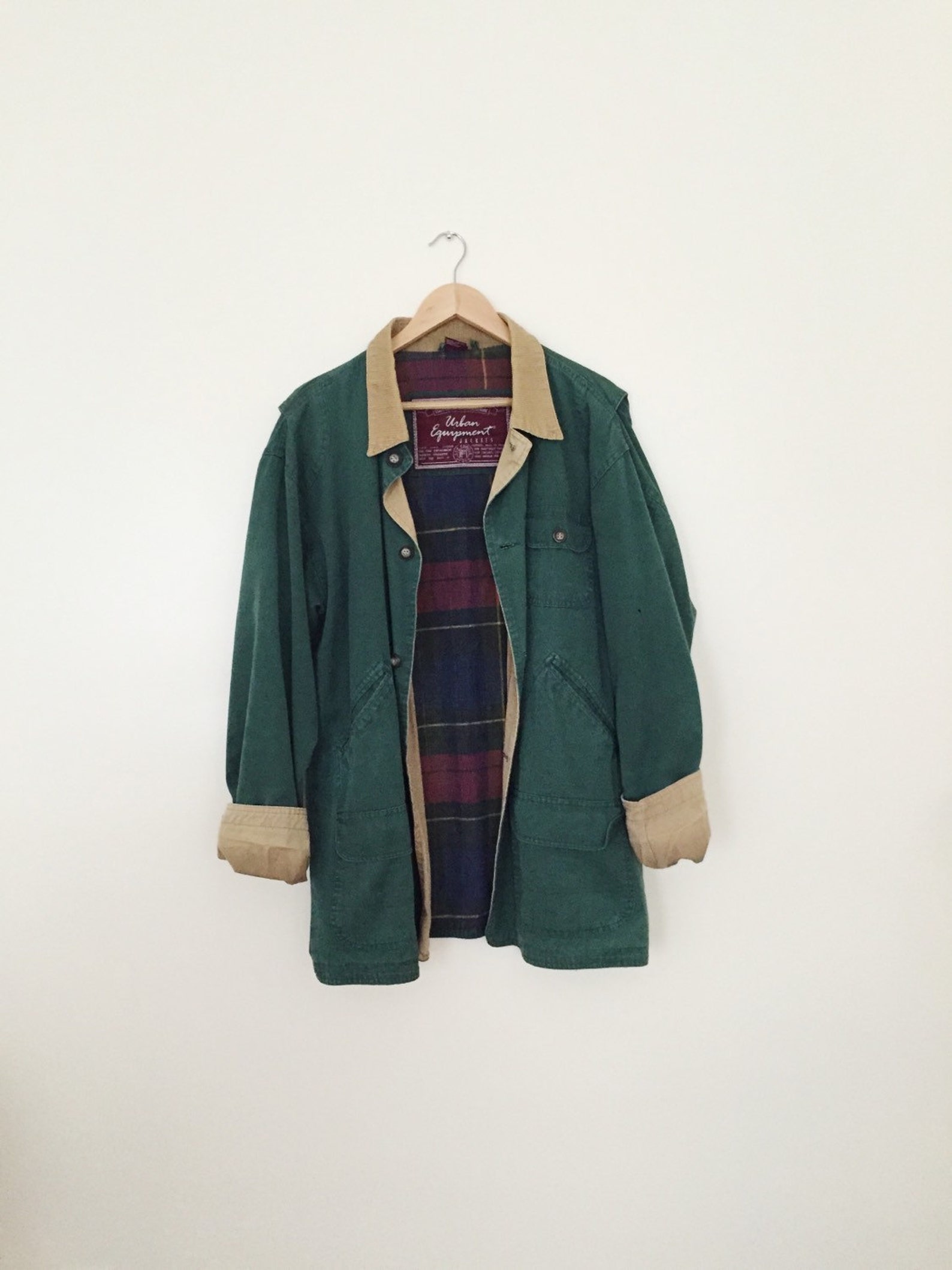 Forest green utility / worker canvas jacket with corduroy Etsy