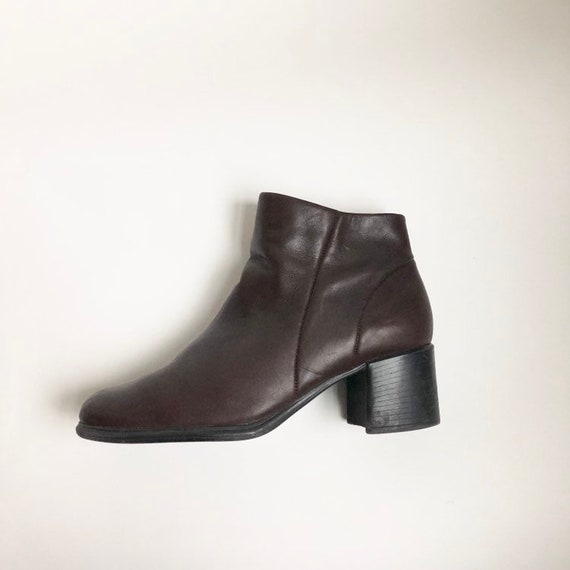 brown genuine leather ankle boots with chunky heel
