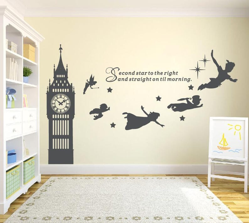 Big Ben Clock Wall Decal Peter Pan E Second Star To The Right Vinyl Sticker Nursery Playroom Art