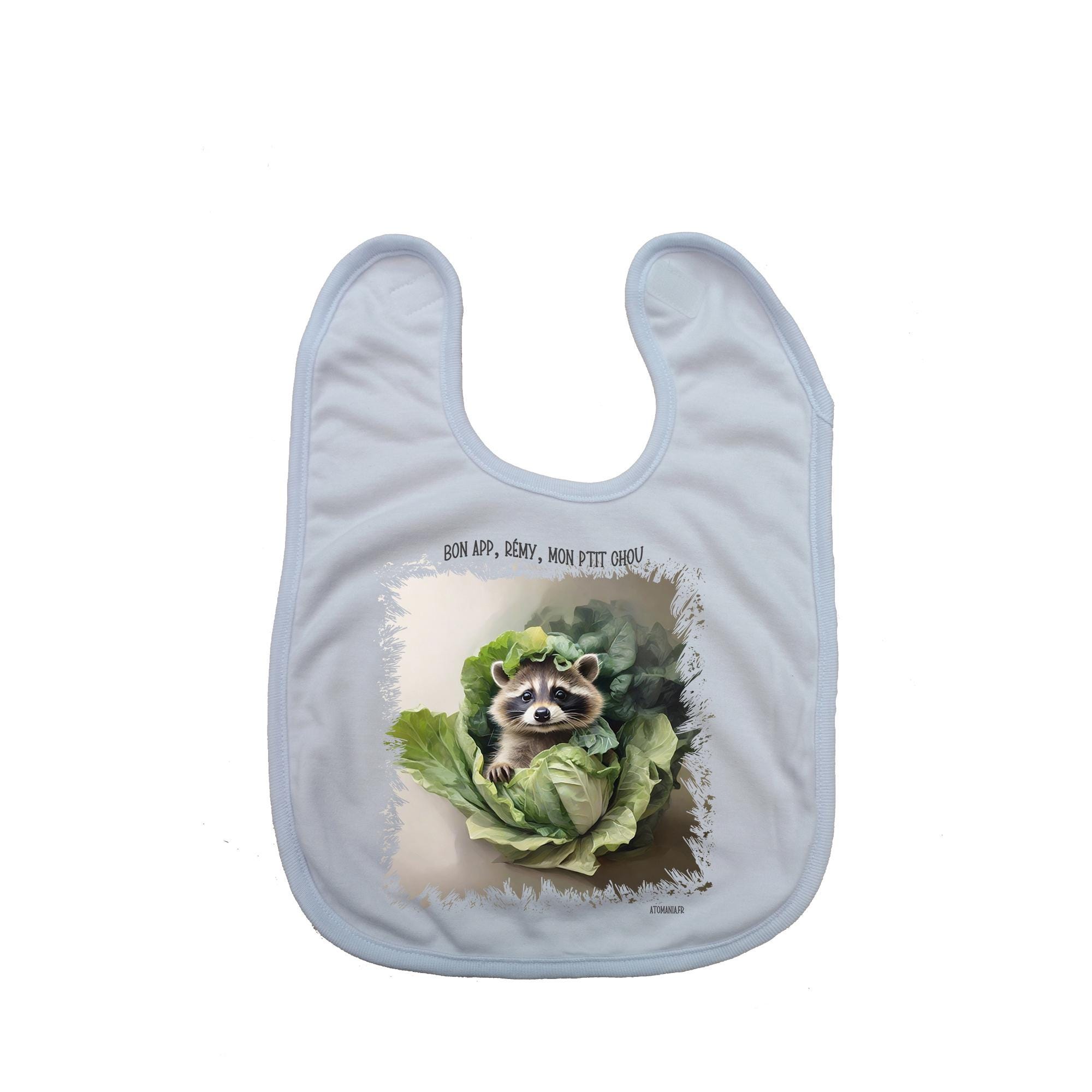 Personalized Baby Bib "Mon p'tit chou" - Adorable Raccoon Design, Handmade in France, Unique Baby Gift, Fast Shipping