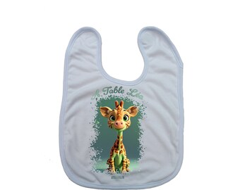 Customizable “Giraffe” bib (28x35 cm). Perfect for baby meals, birth gifts. Handcrafted in France.