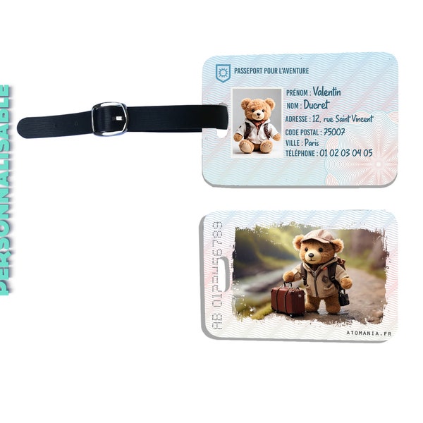 “Aventure Nounours” luggage tag customizable by Atomania: French craftsmanship. Unique companion for little explorers