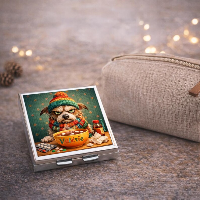 May include: A silver pill box featuring a cartoon dog wearing a hat and scarf, looking grumpy. The dog is surrounded by medicine, a bowl of soup with the name "Val&eacute;rie", and a bottle of medicine. A beige pouch is in the background.