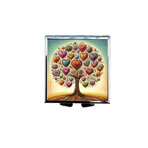 Tree of Hearts, Atomania pill box, metallic, compact (60x60x12mm) with a design symbolizing love, handmade in France.