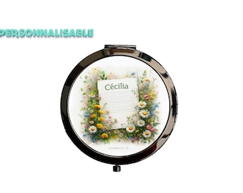 Atomania 'Flowers of the Fields' pocket mirror, elegance, practicality and originality in black metal. Add your first name for a unique gift