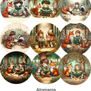 Pack 9 designs Lecture en forêt : adorables illustrations d'enfants lisant aux animaux de la forêt. Téléchargement instantané