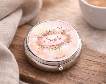 Personalized Floral Name Pill Box – Round Metal Pill Case – Floral Pill Organizer – Travel Pill Box – Personalized Gift for Women
