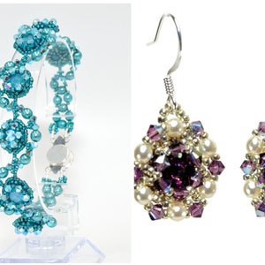 May include: A pair of beaded earrings with a purple crystal center and white pearls, and a beaded bracelet with a turquoise crystal center.