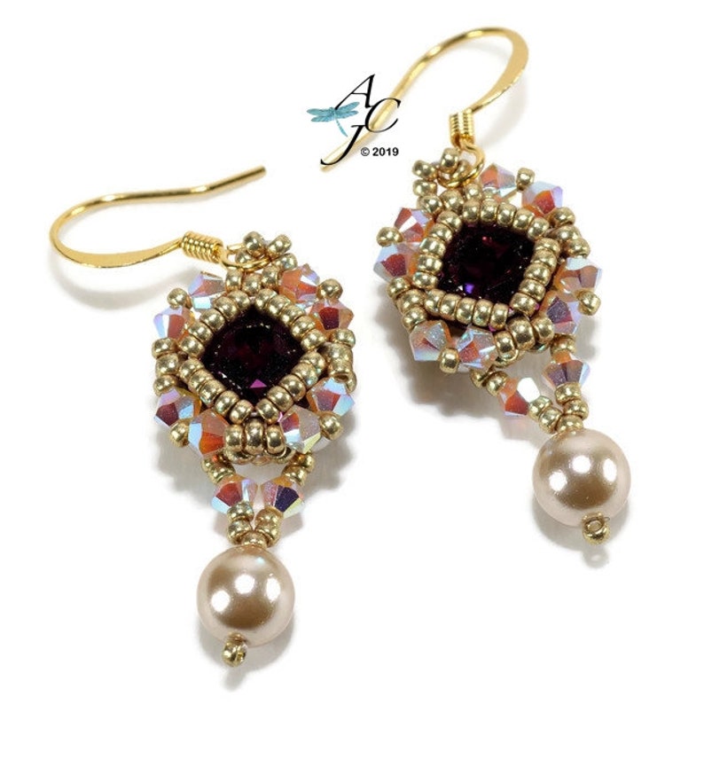 Bezel Swarovski Chatons with Bicones and pearl dangles to create sparkly Little Bit of Elegance earrings a PDF beading pattern image 2