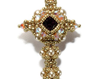 Delicate 2-Sided Victorian cross with bezelled chatons surrounded by Swarovski crystals and pearls - a PDF beading pattern