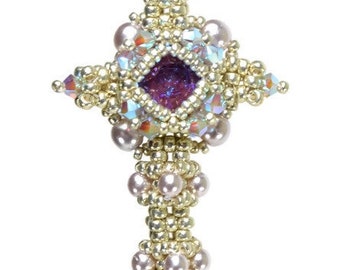 CRAW Delicate 2-Sided Victorian cross with bezelled chatons surrounded by Swarovski crystals and pearls - a PDF beading pattern