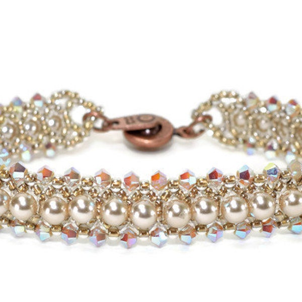Left Handed! Swarovski Crystal Bicones border a row of delicate pearls creating a thin sparkly tennis bracelet - A PDF Beading Pattern