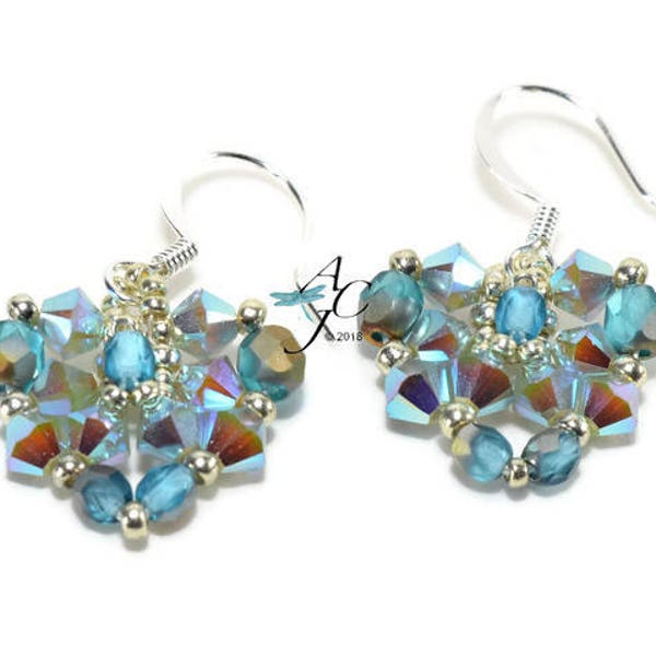 Easy and quick bead woven L'il Heart earrings created with sparkling Swarovski bicones and Fire-polished beads  - PDF Beading Pattern