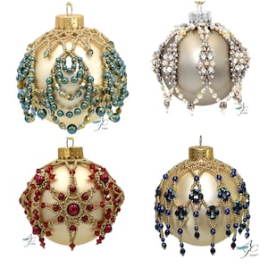 May include: Four beaded Christmas baubles with gold, silver, teal, red, and blue accents. The baubles are all round and have a white background.