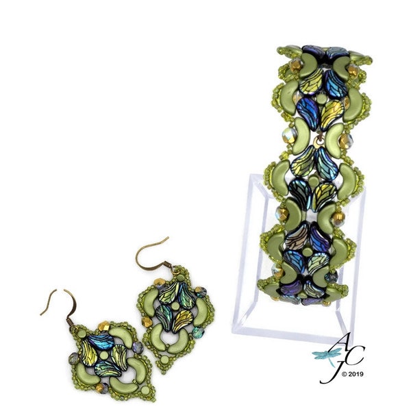 Paisleyduos, Arcos and Minos weave together to create this beautiful curvy bracelet and earrings - Sophia - a PDF Beading Pattern