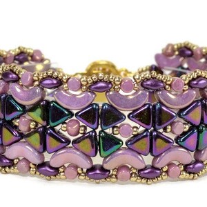 May include: A purple and gold beaded bracelet with a geometric pattern. The bracelet is made with small, iridescent beads in shades of purple, pink, and gold.