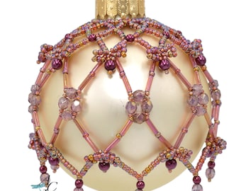 Little bows adorn this easy netted ornament with Bugle beads, Pearls, Fire Polished beads - Baubles & Bows a PDF Beading Pattern