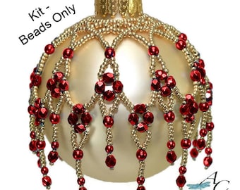 Red Kit** Easy beaded ornament dripping with Czech Fire Polished - Cathedral Windows - Beads Only