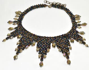 Teardrop crystals and seed bead woven points create a stunning necklace named "Star Struck" - PDF beading pattern