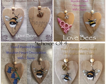 Love Bees Rustic Wooden Heart Decoration With Bee Charm *Choice Of 6