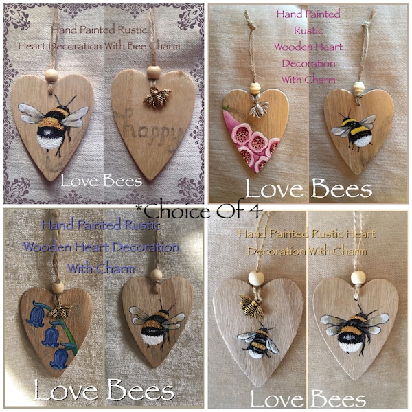 Love Bees Rustic Wooden Heart Decoration With Bee Charm *Choice Of 6