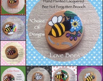 Love Bees Circular Wooden Bee (Bumblebee) Brooch Hand Painted *Choice Of Designs
