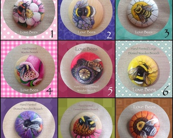 Love Bees Large Wooden Bee Friendly Brooch Hand Painted *Choice Of Designs