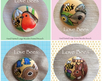 Love Bees Large Wooden Bee Friendly Brooch Hand Painted *Choice Of 4 (Robin/Hedgehog/Rabbit/Red Squirrel) *10% Of Sales To Charity