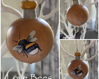 Love Bees Beeloved Hand Painted Solid Wood Teardrop Bauble - Christmas