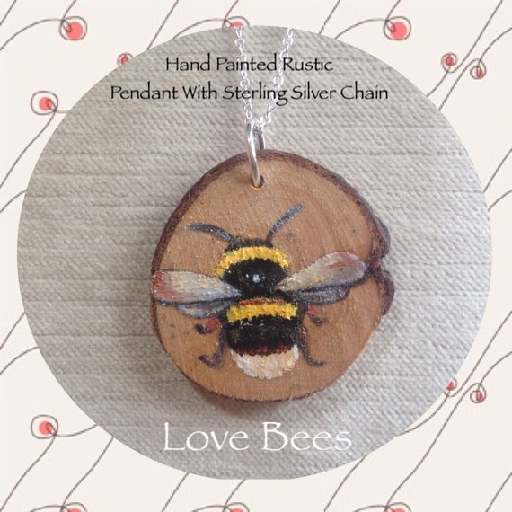Love Bees Metallic Honeybee Rustic Wooden Brooch *Hand Painted