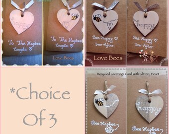 Love Bees Recycled Handmade Engagement/Wedding/ Anniversary Greetings Card *With Love Heart Attached - hand painted