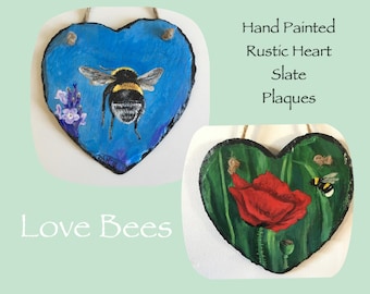 Love Bees Rustic Mini Heart Art On Slate Plaque *Choice Of 2 - Hand Painted - Incudes 10% Charity Donation