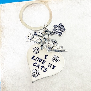 Cat Lover Keychain, I Love my Cats Keychain, Custom Cat Keychain, Handstamped Cat Keychain, Cat Gift, Personalized Cat Keychain