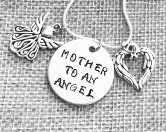 Mother to an angel necklace, Handstamped Jewelry, mother gift, angel necklace, memorial necklace