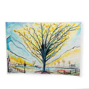 Dipinto originale con tecnica mista di paesaggio arboreo da 11 x 15 pollici, dipinto originale con tecnica mista su carta per acquerelli da 140 libbre, scena originale con albero