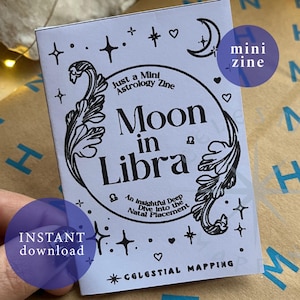 Può includere: Un piccolo zine piegato intitolato "Moon in Libra" con testo e illustrazioni neri su sfondo bianco. La copertina include il testo "Just a Mini Astrology Zine" e "An Insightful Deep Dive into the Natal Placement". Un cerchio viola dice "INSTANT download".