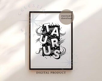 Taurus Zodiac Printable Wall Art – Astrology Typography Poster, Taurus Star Sign Print (Digital Download)