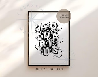 Aquarius Zodiac Printable Wall Art – Astrology Typography Poster, Aquarius Star Sign Print (Digital Download)