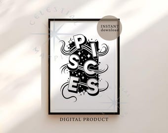 Pisces Zodiac Printable Wall Art – Astrology Typography Poster, Pisces Star Sign Print (Digital Download)