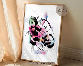 Pisces Zodiac Printable Wall Art – Astrology Isometric Poster, Pisces Star Sign Print (Digital Download)
