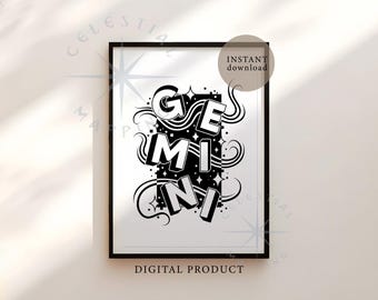 Gemini Zodiac Printable Wall Art – Astrology Typography Poster, Gemini Star Sign Print (Digital Download)