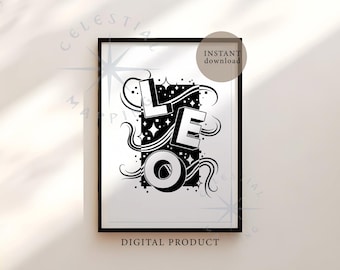 Leo Zodiac Printable Wall Art – Astrology Typography Poster, Leo Star Sign Print (Digital Download)