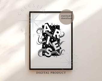 Aries Zodiac Printable Wall Art – Astrology Typography Poster, Aries Star Sign Print (Digital Download)